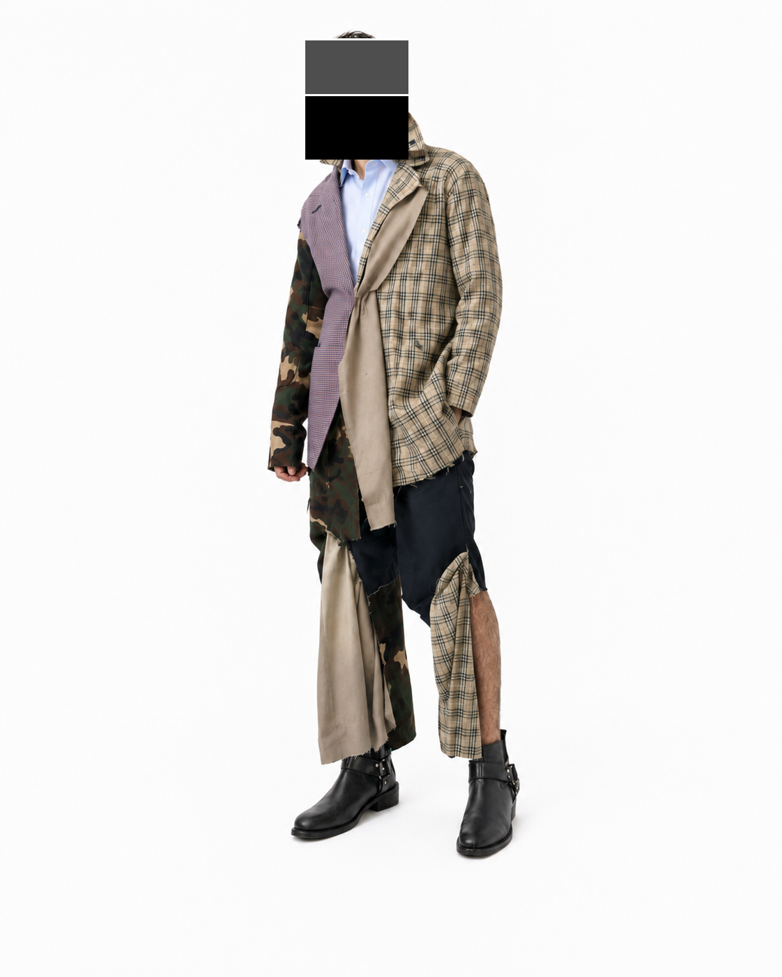 Composite garment specimen. Subject identity redacted.
